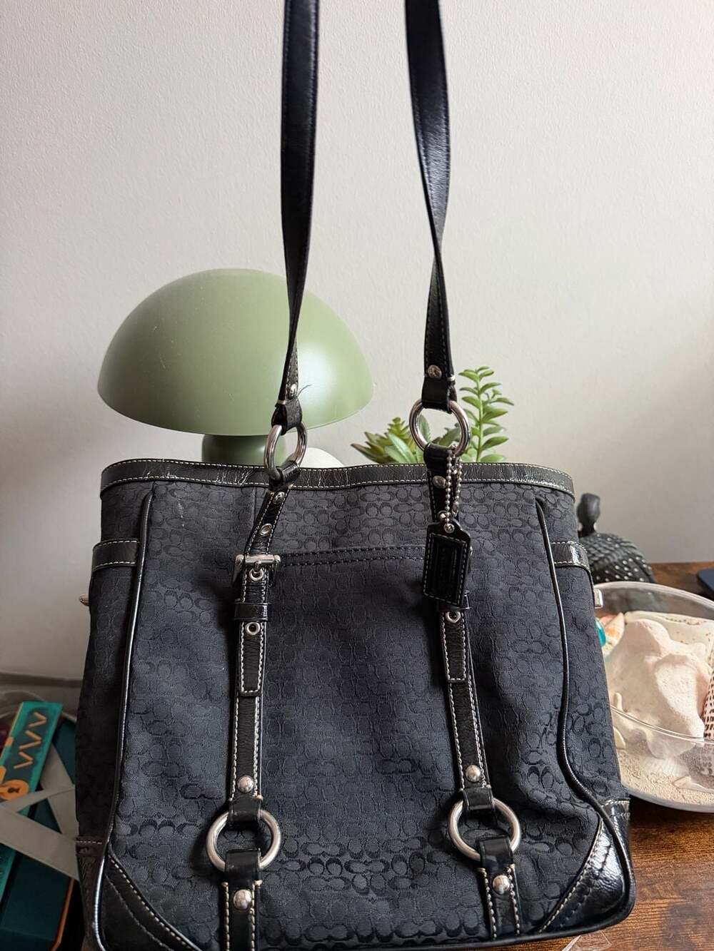 Y2K Vintage Coach Signature Jacquard Gallery Tote Bag — Black & Silver - Picture 2 of 15